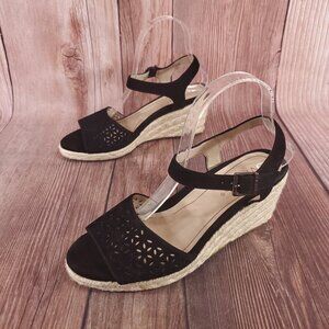 Vionic Ariel Womens Sz 7.5 Wide Black Suede Ankle Strap Wedge Espadrille Sandals